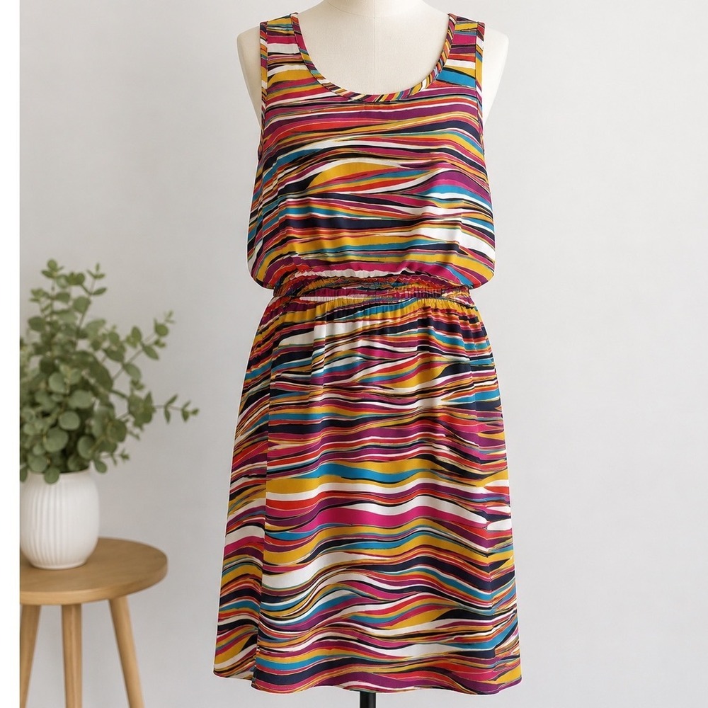 Red Camel Womens L‎ Multicolor Wavy Stripe Sleeveless Back Cutout Mini Dress